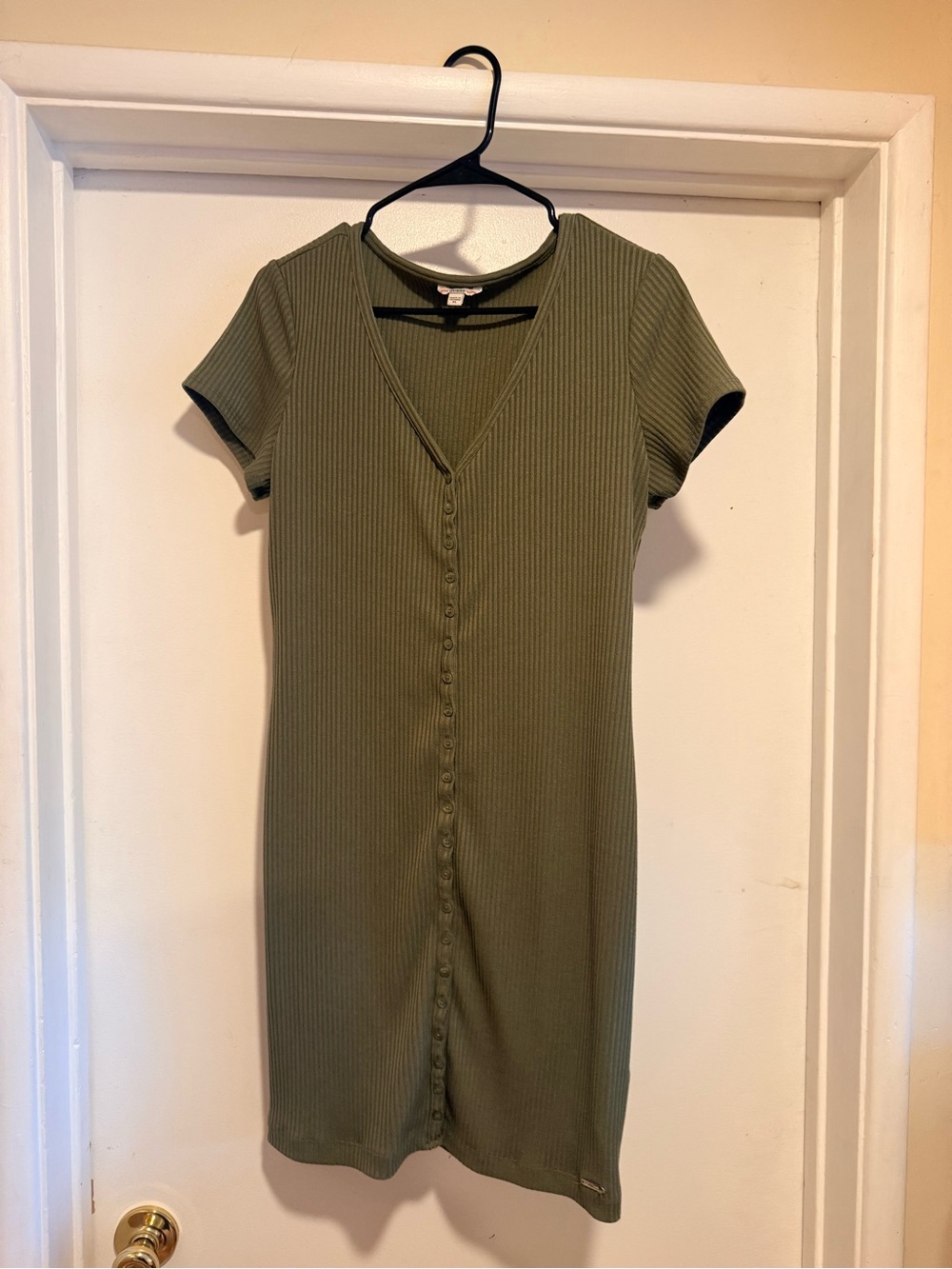 Guess Olive Green Ribbed Button-Front Mini Dress